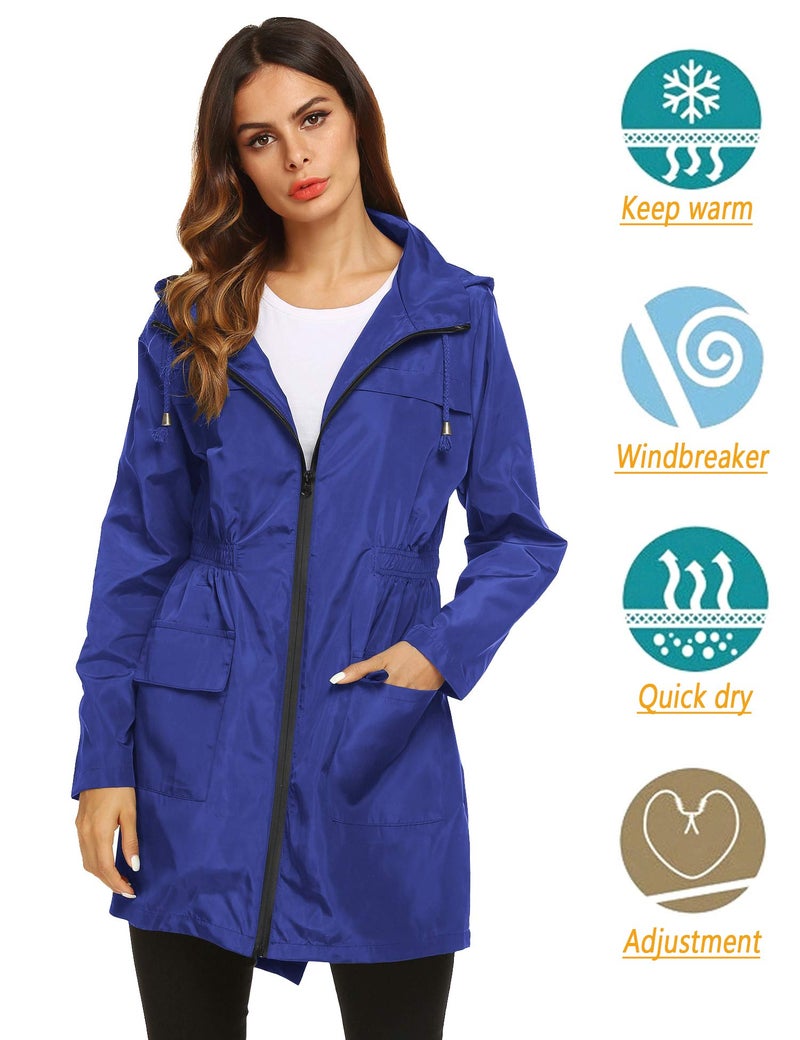 LOMON Womens Lightweight Waterproof Rain Jacket Active Outdoor Hooded Raincoat with Pockets Royal blue M - Image 2